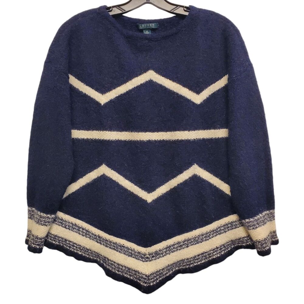 LAUREN Ralph Lauren Sweater Womens Medium Blue Stripe Pullover Wool Blend V-Hem